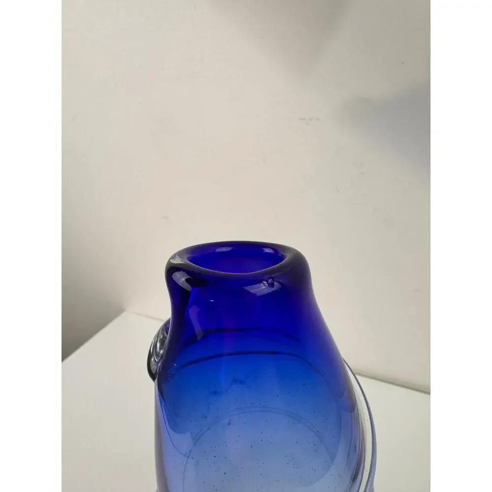 Vintage Clear Blue Cobalt Swirl Vase Art Glass Murano Blown Home Decorative